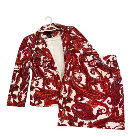 VINTAGE Red Floral Skirt Blazer Set Size 4 - Picture 3 of 8